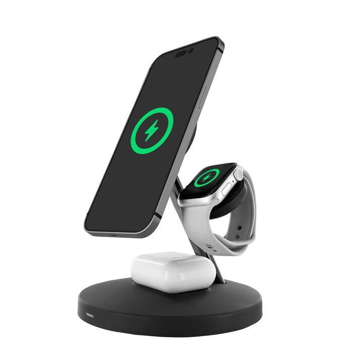 Cargador combinado 3 en 1 de muvit for change. Con este cargador de escritorio podr&aacute;s tener tus dispositivos siempre a punto para usarlos. Este stand permite cargar tu smartphone, tu iWatch y tus auriculares inal&aacute;mbricos a la vez, adem&aacute;s de que al ser magn&eacute;tico y disponer de tecnolog&iacute;a Magsafe, la carga es r&aacute;pida y eficiente. Puedes mantener tu tel&eacute;fono m&oacute;vil magnetizado y seguir us&aacute;ndolo en una posici&oacute;n optima para trabajar, jugar o mirar tus redes sociales o series favoritas, mientras cargas el resto de tus dispositivos.&nbsp; 

En muvit for change nos comprometemos a donar el 1% de los ingresos para el planeta*.&nbsp;