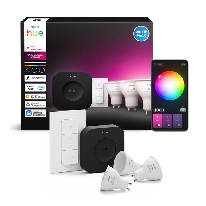 Kit Gu-10 Iniciaci&oacute;n HUE Philips con Bridge 3.0 Profesional

LED integrado RGB.

Controlable  por Zigbee & Bluetooth.

Consigue funciones de iluminaci&oacute;n inteligente superpotentes con Hue Bridge Pro. Equipado con un nuevo chip capaz de ejecutar algoritmos complejos y funciones basadas en inteligencia artificial, es m&aacute;s r&aacute;pido y potente que nunca. A&ntilde;ade color ambiental a cualquier habitaci&oacute;n con las bombillas de color incluidas y un c&oacute;modo control con el interruptor incluido.