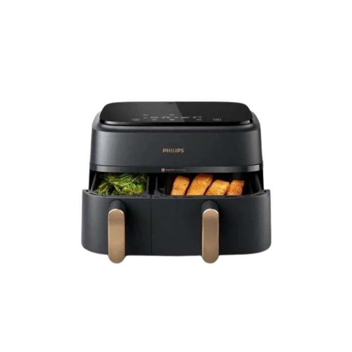 Airfryer Serie 4000 con doble cesta vertical (2&times;5 L, total 10 L), tecnolog&iacute;a Rapid Air, ventana de control, pantalla t&aacute;ctil superior, funci&oacute;n de sincronizaci&oacute;n y app HomeID de recetas. Color negro con mango cobre.