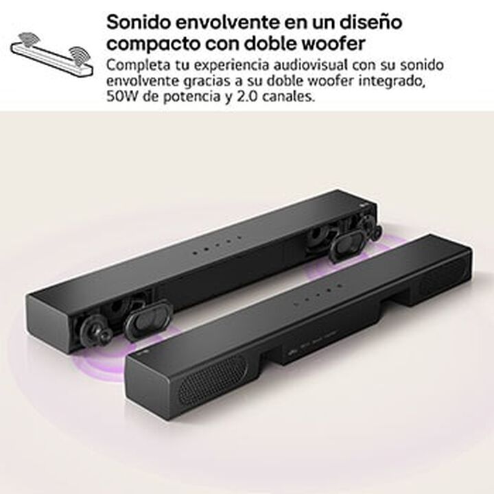 Barra compacta 2.0 con doble woofer, Dolby y AI Sound Pro, ideal para TVs pequeños.