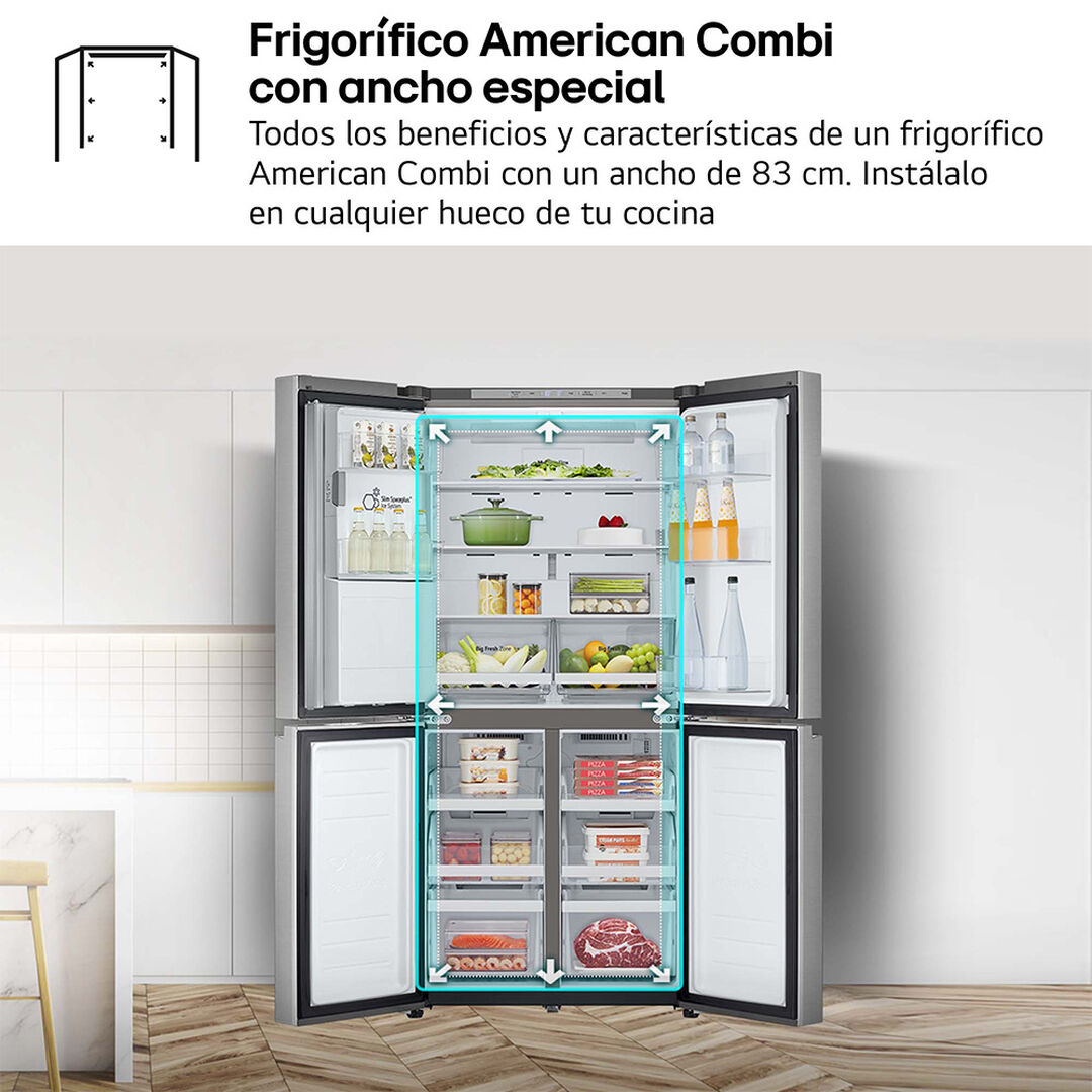 Descubre el frigorífico LG GML860PYFE, diseñado para integrarse perfectamente en tu cocina con su acabado en acero inoxidable y puertas francesas que ofrecen un acceso fácil y organizado.