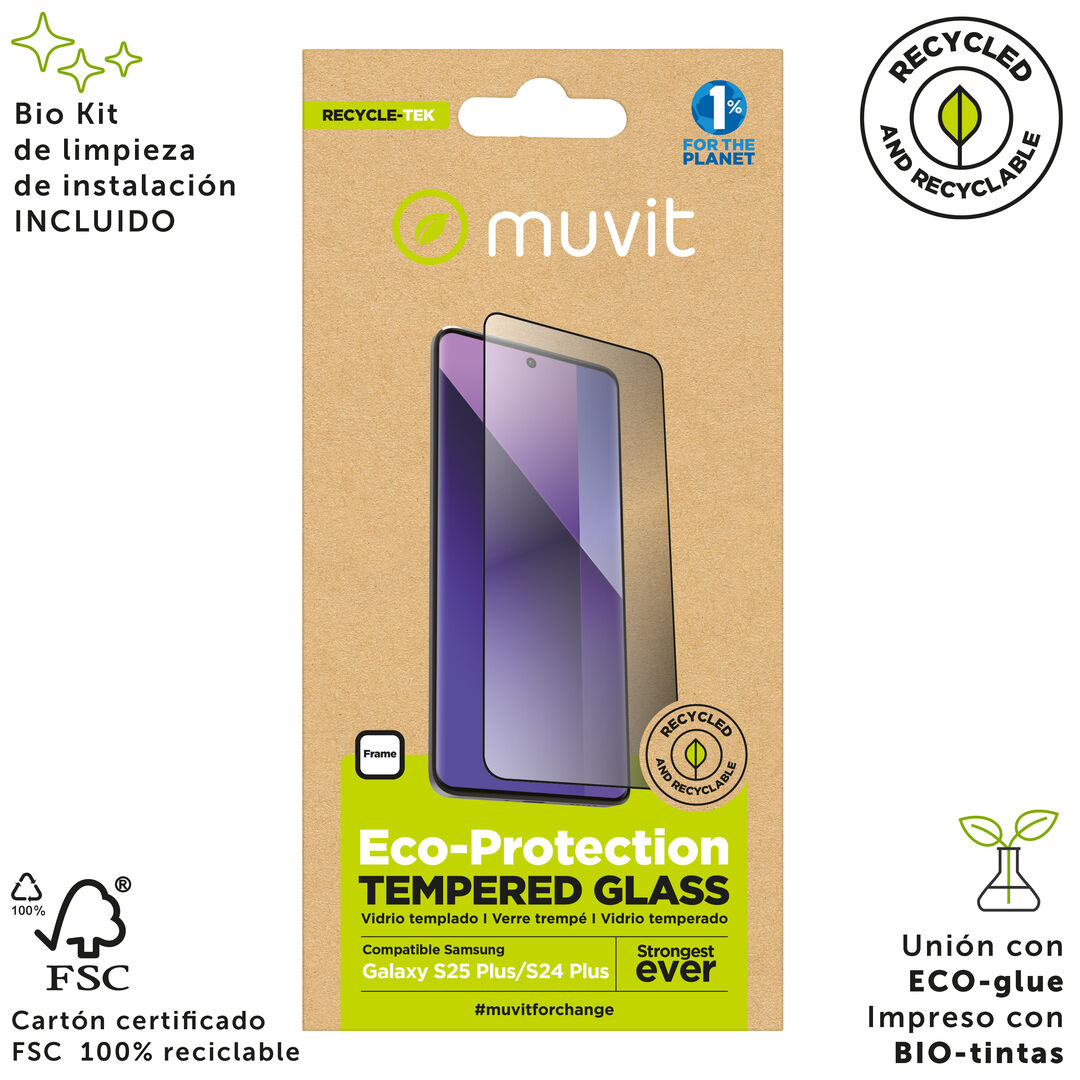 &iexcl;Cuida tu dispositivo y contribuye a cuidar el planeta! Nuestro protector de pantalla eco responsable muvit for change, aporta protecci&oacute;n extra a la pantalla de tu Smartphone sin perder la sensibilidad al tacto. De alta resistencia a impactos y ara&ntilde;azos con una dureza de 9H (m&aacute;xima escala), evitar&aacute; la rotura de tu pantalla ante un golpe o ca&iacute;da. Su tratamiento oleo f&oacute;bico, repele agua, grasa y suciedad. En muvit for change nos comprometemos a donar el 1% de los ingresos para el planeta*.