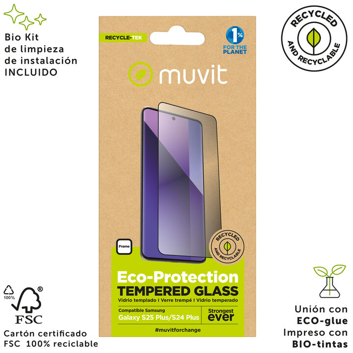 &iexcl;Cuida tu dispositivo y contribuye a cuidar el planeta! Nuestro protector de pantalla eco responsable muvit for change, aporta protecci&oacute;n extra a la pantalla de tu Smartphone sin perder la sensibilidad al tacto. De alta resistencia a impactos y ara&ntilde;azos con una dureza de 9H (m&aacute;xima escala), evitar&aacute; la rotura de tu pantalla ante un golpe o ca&iacute;da. Su tratamiento oleo f&oacute;bico, repele agua, grasa y suciedad. En muvit for change nos comprometemos a donar el 1% de los ingresos para el planeta*.