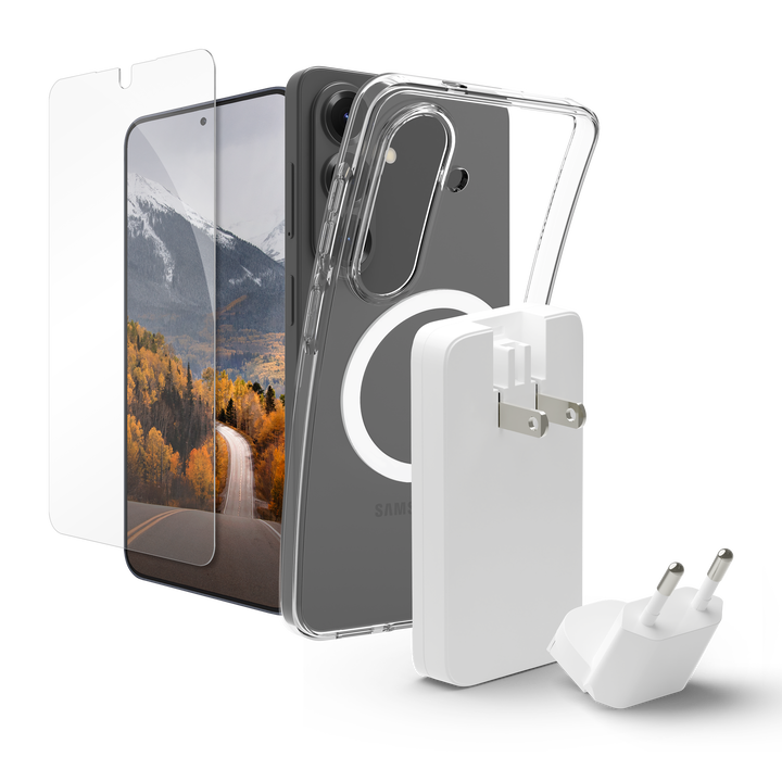 Funda Sostenible transparente para Samsung Galaxy S26 + protector + Cargador carga r&aacute;pida 65W