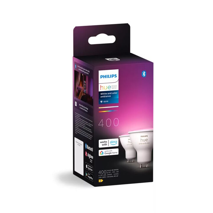 Pack Doble GU10 Philips Hue White & Color & Bluetooth.

LED integrado.

Bridge NO incluido.

Dimmer Switch NO incluido.

Controlable  por Wifi & Bluetooth.

Da color a tu hogar con un foco con casquillo. Con 16 millones de colores, esta luz puede aportar una nueva personalidad a tu hogar. Contr&oacute;lalo al instante por Bluetooth en una habitaci&oacute;n, o bien con&eacute;ctate a un Hue Bridge para disfrutar de toda la variedad de funciones.