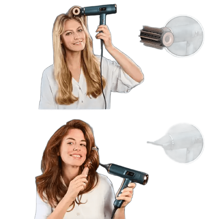 Secador de pelo, Pantalla LED integrada, 225 km/h, 6 accesorios, Estuche premium