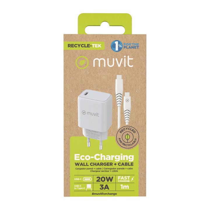 &iexcl;Carga y transfiere datos entre tus dispositivos y contribuye a cuidar el planeta! 

Pack muvit for Change que incluye un cargador de pared con clavija europea de un elegante dise&ntilde;o patentado. Est&aacute; fabricado con material reciclado y pensado en 2 piezas para facilitar su reciclaje al final de su vida &uacute;til. Dispone de 1 puerto tipo C PD de 20W de potencia m&aacute;s un cable para carga y transferencia de datos con conector Tipo C a Tipo C 3A, 1m de longitud, en color negro y 100% reciclable. 

En muvit for change nos comprometemos a donar el 1% de los ingresos para el planeta*.