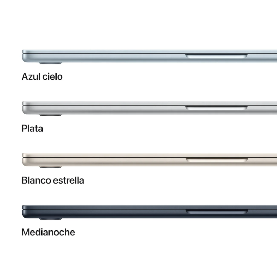 Al MacBook Air de 15 pulgadas con chip M4 trabajar y jugar no le pesa lo m&aacute;s m&iacute;nimo. Gracias a la combinaci&oacute;n de Apple Intelligence, una gran pantalla Liquid Retina, hasta 18 horas de autonom&iacute;a y un dise&ntilde;o superfino, ligero y ultrarresistente, el MacBook Air est&aacute; pensado para hacer lo que quieras donde quieras. Memoria 16 GB, capacidad SSD 512 GB.