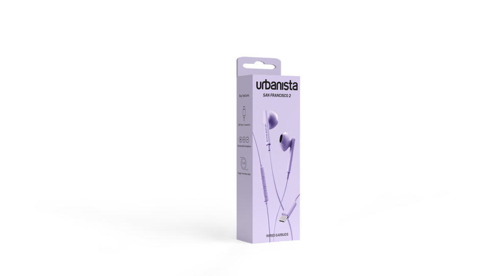 Los auriculares San Francisco 2 Lavender Purple son unos auriculares con cable dise&ntilde;ados para disfrutar de un sonido claro y equilibrado en cualquier momento. Incorporan un conector USB Tipo-C compatible con smartphones, tablets y ordenadores port&aacute;tiles, un resistente cable de tela trenzada antienredos, micr&oacute;fono integrado y control remoto de tres botones para gestionar llamadas y m&uacute;sica de forma c&oacute;moda. Su dise&ntilde;o Open-Fit ofrece un ajuste ligero y confortable, ideal para el uso diario.