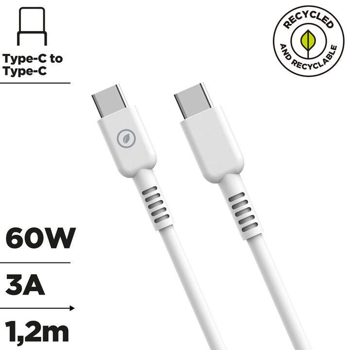 &iexcl;Carga o transfiere datos entre tus dispositivos y contribuye a cuidar el planeta! 

Cable para carga y transferencia de datos con conector Tipo C a Tipo C, 3A transferencia r&aacute;pida, 1,2m de longitud, en color blanco y 100% reciclable.&nbsp;Con un dise&ntilde;o patentado y homologado con el certificado CRS, conforme son productos reciclables y hechos con productos reciclados. Carga tus dispositivos cuidando el planeta en el proceso, y ll&eacute;vate de regalo un organizador de cables gratuito. 

En muvit for change nos comprometemos a donar el 1% de los ingresos para el planeta*.