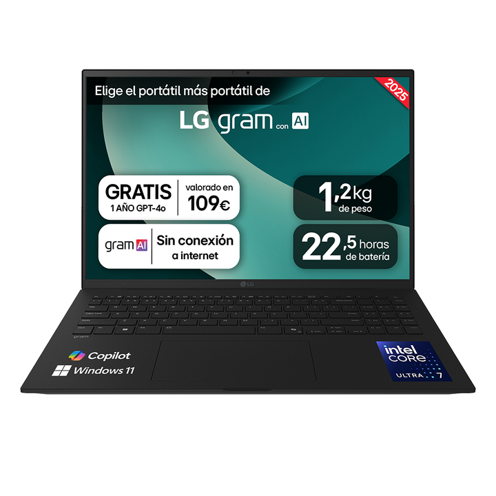 Port&aacute;til 16" LG gram - 16Z90T, Windows 11, Intel&reg; Core&trade; Arrow Lake, 32 GB RAM, 1 TB SSD, Panel IPS WQXGA (2560x1600), Ligero 1,2 kg, 22,5 h, Negro