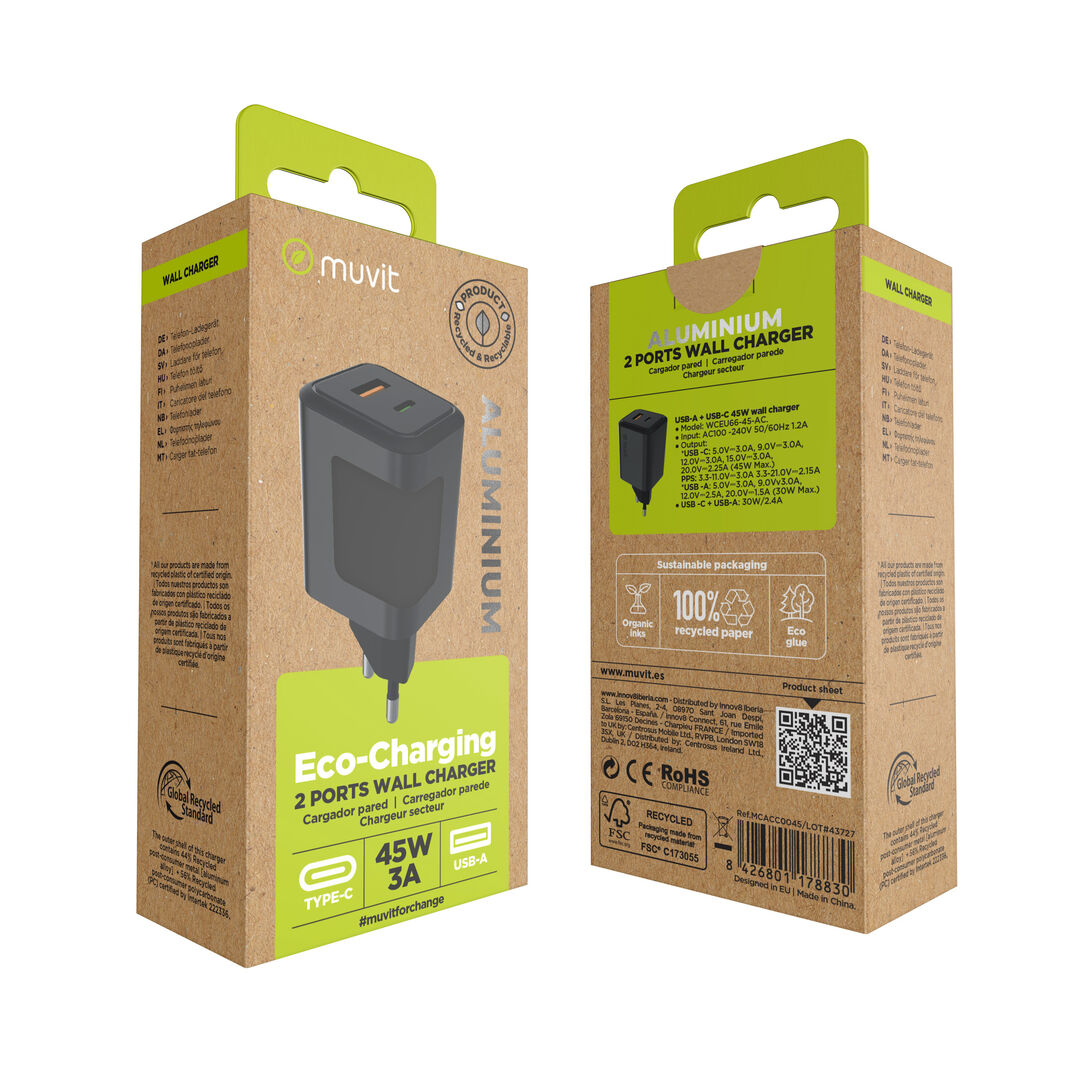 Cargador de pared USB + Tipo C PD 45W, dise&ntilde;ado para quienes necesitan rendimiento y sostenibilidad. Carga r&aacute;pida y simult&aacute;nea de dosdispositivos, ideal para smartphones, tablets y port&aacute;tiles compatibles.Fabricado en aluminio reciclado, con dise&ntilde;o compacto y embalaje 100%reciclable.