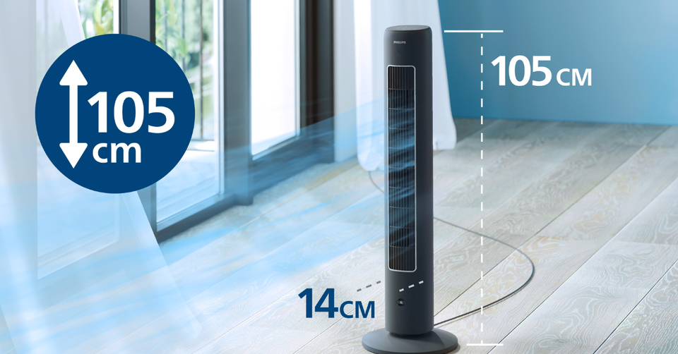 Ventilador de Torre Serie 5000. Diseño fino y elegante, con altura de 105cm * 3 modos de ventilación * Ventilación potente y silenciosa* Largo alcance de ventilación *  Oscilación 60º * Pantalla táctil y mando a distancia* Difusor de aromas integrado * Bloqueo para niños * Temporizador automático * Fácil de transportar