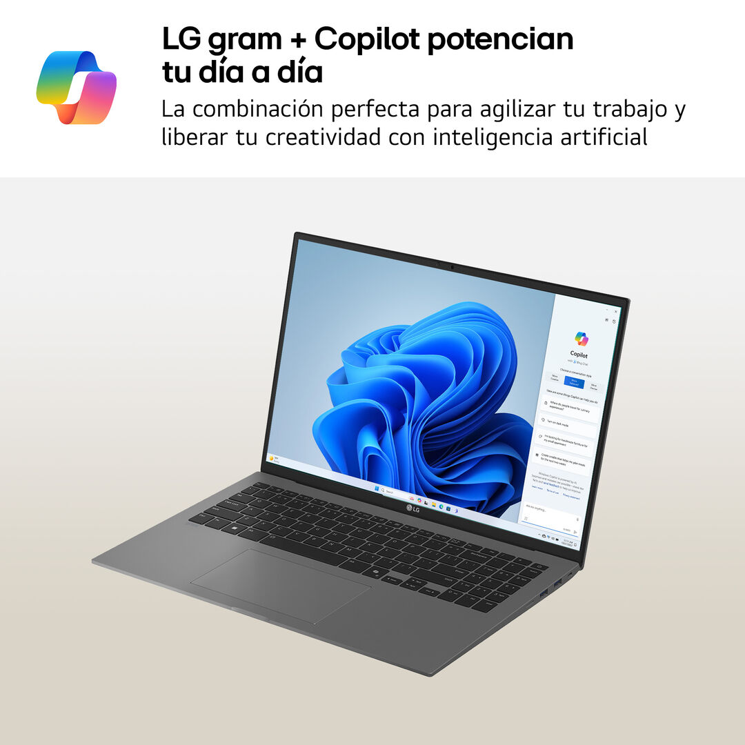 Port&aacute;til 16" LG gram - 16Z90T, Windows 11, Intel&reg; Core&trade; Arrow Lake, 16 GB RAM, 1 TB SSD, Panel IPS WQXGA (2560x1600), Ligero 1,2 kg, 22,5 horas de bater&iacute;a, Gris