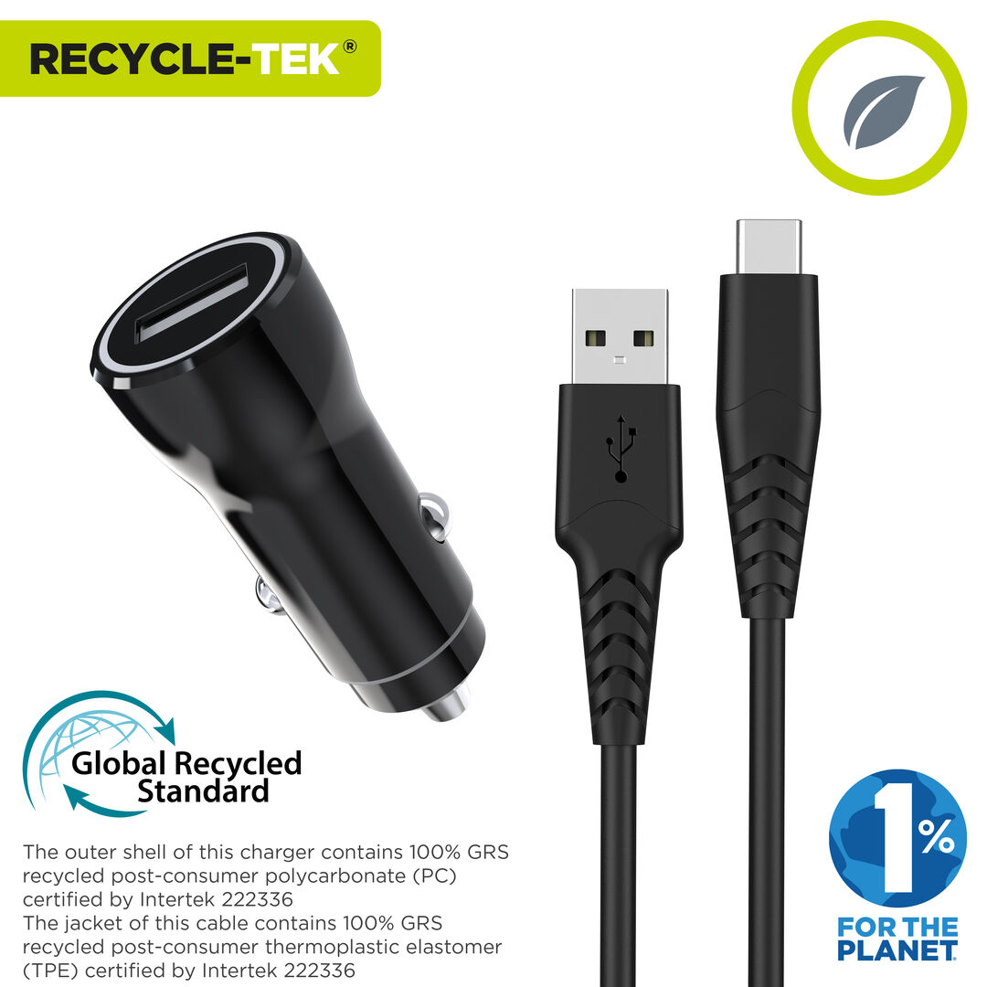 &iexcl;Carga y transfiere datos entre tus dispositivos y contribuye a cuidar el planeta!

Pack muvit for Change que incluye un cargador de coche de un elegante dise&ntilde;o patentado. Est&aacute; fabricado con material reciclado y pensado en 3 piezas para facilitar su reciclaje al final de su vida til. Dispone de 1 puerto USB A de 3A 15W de potencia m&aacute;s un cable para carga y transferencia de datos con conectorTipo C 3A, 1,2m de longitud, en color negro y 100% reciclable.

En muvit for change nos comprometemos a donar el 1% de los ingresos para el planeta*.