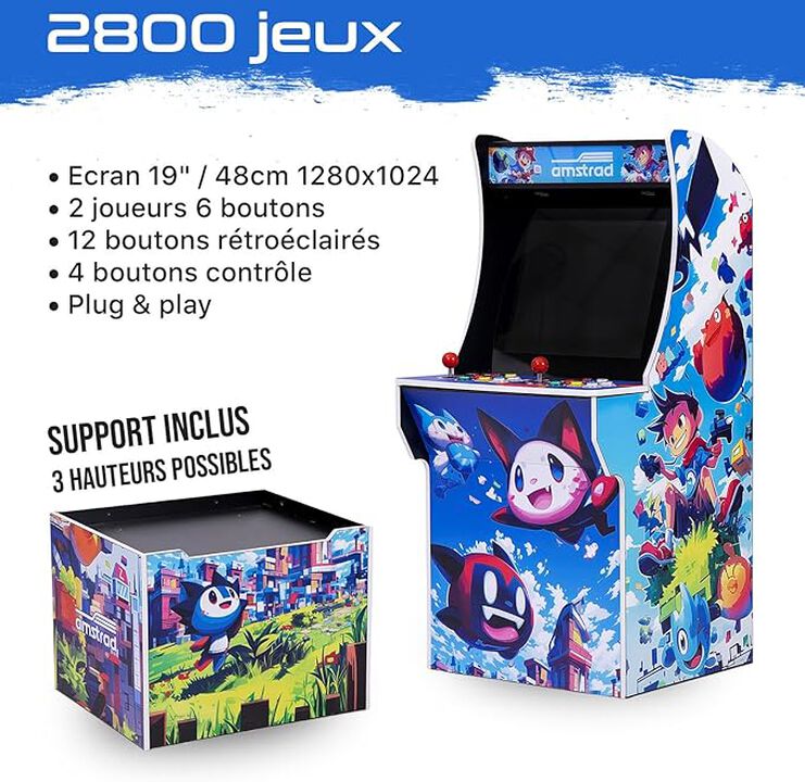 <!DOCTYPE html>
<html lang="es">
<head>
    <meta charset="UTF-8">
    <title>Caracter&iacute;sticas</title>
</head>
<body>

    <ul>
        <li>Contiene m&aacute;s de 2800 juegos</li>
        <li>Pantalla de 19" / 48 cm</li>
        <li>2 jugadores / 6 botones retroiluminados por jugador</li>
        <li>Altavoces integrados 2 x 20W</li>
        <li>CPU: Cu&aacute;druple n&uacute;cleo, CORTEX-A7 1.2 GHz</li>
        <li>GPU: MALI400MP2@600MHz</li>
        <li>Memoria: DDR3/1866 512MB</li>
        <li>Sistema de almacenamiento integrado: Micro SD 32GB</li>
        <li>2 joysticks</li>
        <li>4 botones de control (cr&eacute;dito, inicio, pausa, inicio)</li>
        <li>Estructura de madera</li>
        <li>Idioma del men&uacute;: Ingl&eacute;s</li>
        <li>Men&uacute; de b&uacute;squeda</li>
        <li>Fuente de alimentaci&oacute;n 220V</li>
    </ul>

</body>
</html>