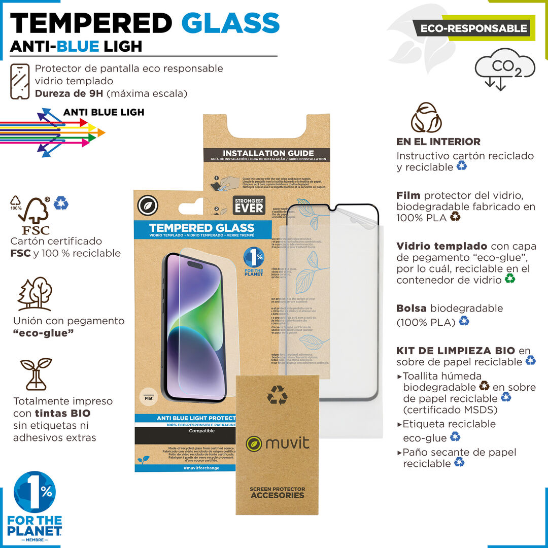 &iexcl;Cuida tu dispositivo y contribuye a cuidar el planeta! Nuestro protector de pantalla eco responsable muvit for change, aporta protecci&oacute;n extra a la pantalla de tu Smartphone sin perder la sensibilidad al tacto. De alta resistencia a impactos y ara&ntilde;azos con una dureza de 9H (m&aacute;xima escala), evitar&aacute; la rotura de tu pantalla ante un golpe o ca&iacute;da. Su tratamiento oleo f&oacute;bico, repele agua, grasa y suciedad. En muvit for change nos comprometemos a donar el 1% de los ingresos para el planeta*.