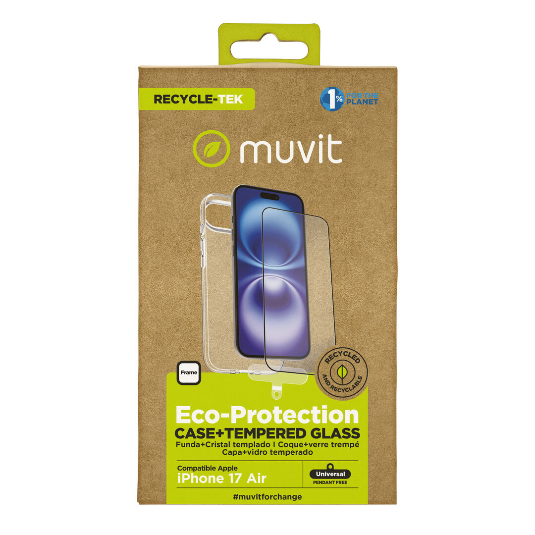 La protección del medio ambiente es, hoy en día, una preocupación en todo momento. Con el PACK funda recycletek +protector eco responsable de muvit for change, proponemos una manera responsable de proteger nuestro smartphone. Porque contribuir en la lucha contra la contaminación y proteger nuestro eco sistema, debe formar parte de nuestros gestos cotidianos.

El PACK incluye la funda Recycletek 100% reciclable y 100% fabricada con materiales reciclados de fundas usadas y vieja. Nuestro protector de pantalla eco responsable, aporta protección extra a la pantalla de tu Smartphone sin perder la sensibilidad al tacto. De alta resistencia a impactos y arañazos con una dureza de 9H (máxima escala). Ambos productos están fabricados con plástico reciclado de origen certificado.

En muvit for change nos comprometemos a donar el 1% de los ingresos para el planeta*.