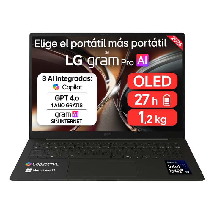<p>Port&aacute;til ultraligero LG gram pro de 16", procesador Intel&reg; Core&trade; Ultra X7 358H, 32 GB RAM, 1 TB SSD, hasta 27 horas de autonom&iacute;a, 1.199 g de peso, color Negro carb&oacute;n, Windows 11 Home. Modelo 16Z90U-K.AUB8BN.</p>