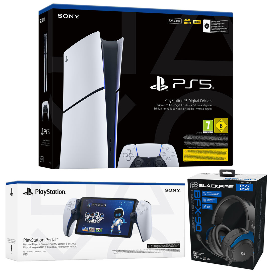 Pack de Consola PlayStation 5 Digital, Reproductos  PS Portal  y Auriculares BlackFire BFX-90