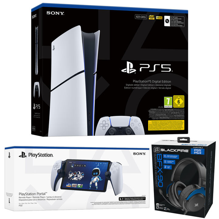 Pack de Consola PlayStation 5 Digital, Reproductos  PS Portal  y Auriculares BlackFire BFX-90