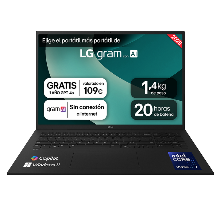 Port&aacute;til 17" LG gram - 17Z90T, Windows 11, Intel&reg; Core&trade; Arrow Lake, 32 GB RAM, 2 TB SSD, Panel IPS WQXGA (2560x1600), Ligero 1,3 kg, 20 horas de bater&iacute;a, Negro