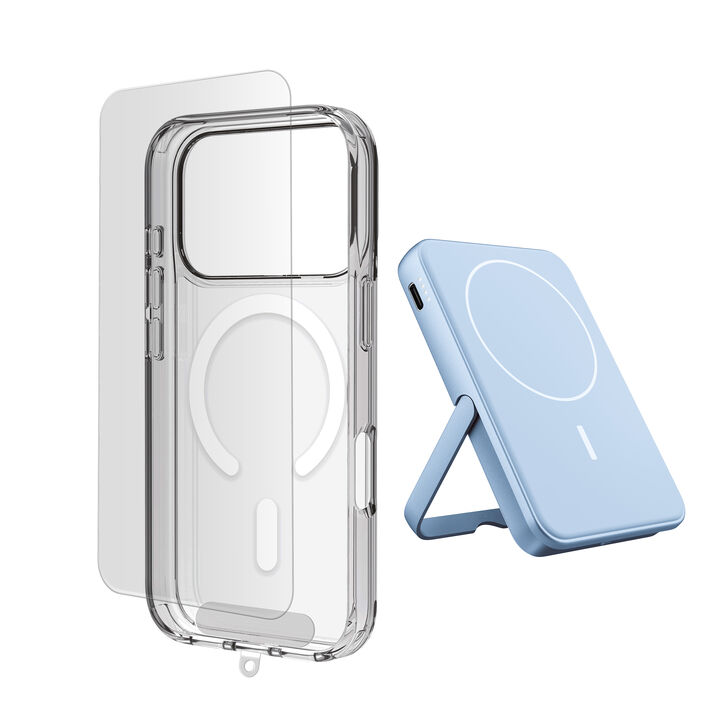 Pack 3 en 1 para tu iPhone: funda protectora, protector de pantalla de vidrio templado y powerbank magn&eacute;tica de 5000 mAh. Protecci&oacute;n completa, carga inal&aacute;mbrica y m&aacute;xima comodidad en un solo pack.