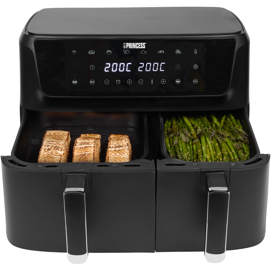 Con esta aerofreidora de doble cesta se pueden preparar dos tipos de comida a la vez. Esta aerofreidora tiene un volumen total de 11 L y una potencia de 2700 W. Utilice la cesta más amplia para platos principales y la menor para comidas más pequeñas.