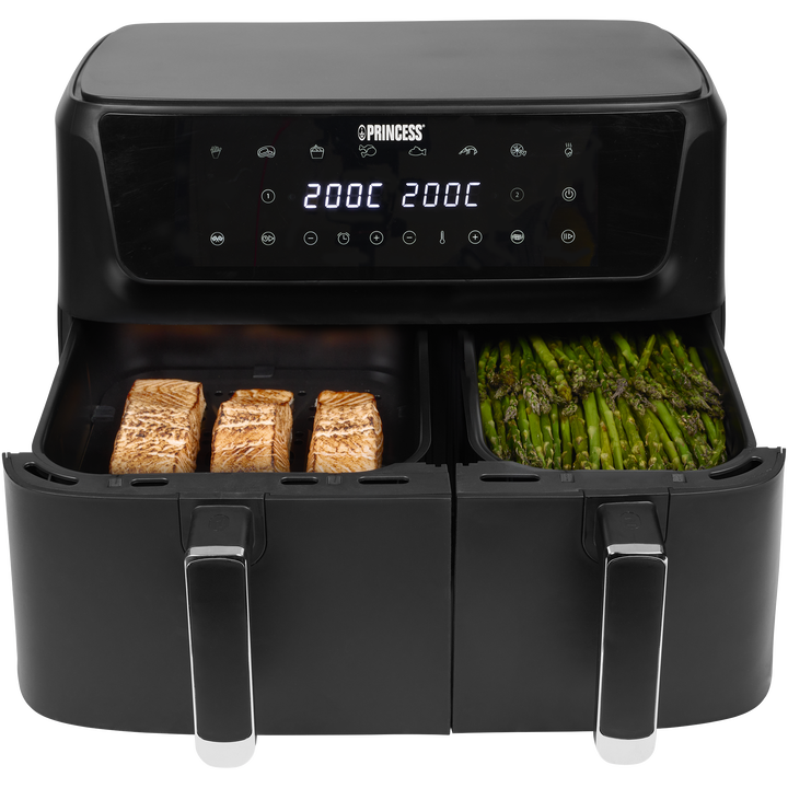 Con esta aerofreidora de doble cesta se pueden preparar dos tipos de comida a la vez. Esta aerofreidora tiene un volumen total de 11 L y una potencia de 2700 W. Utilice la cesta más amplia para platos principales y la menor para comidas más pequeñas.