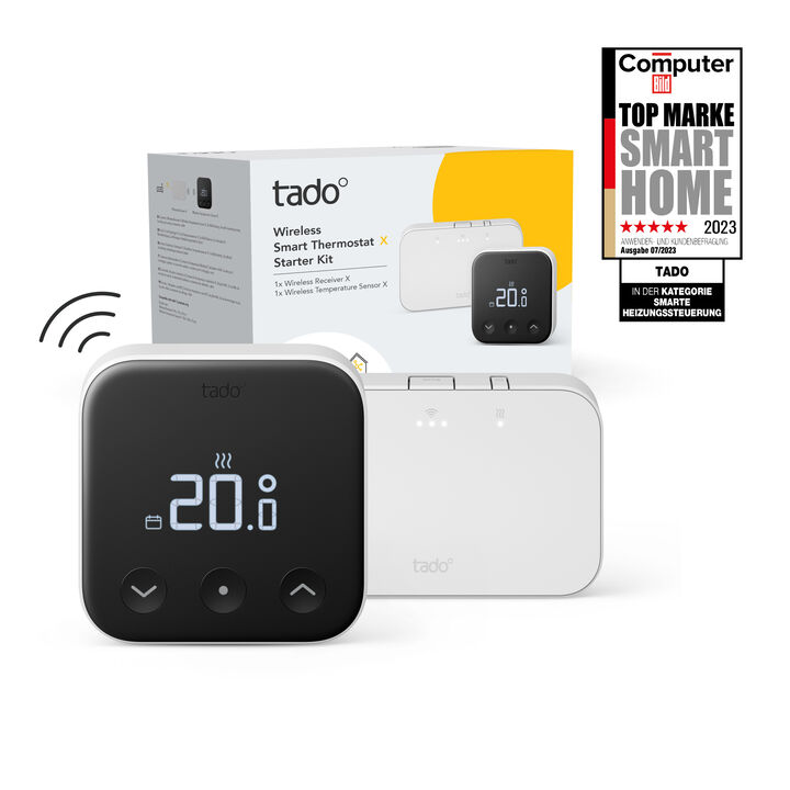 Para remplazar fácilmente termostatos inalámbricos. tado° controla la caldera por relé o con OpenTherm y también se puede incorporar si la caldera no dispone de termostato. El sistema de calefacción de tado° puede ser aún más inteligente y hacerte ahorrar aún más energía si combinas el Kit de Inicio con otros productos compatibles.