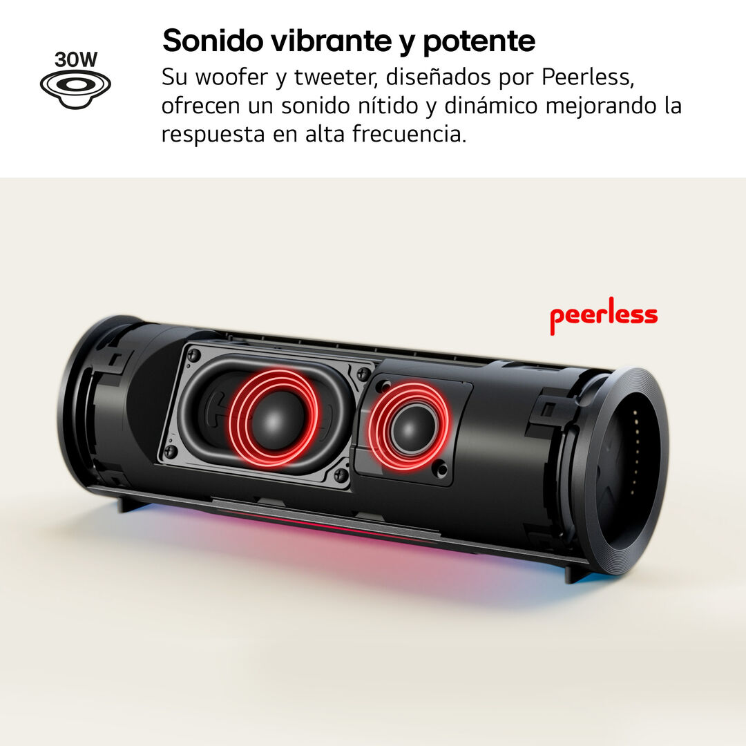 Altavoz portátil robusto IP67, correa integrada, 20 h, sonido potente y luz dinámica.