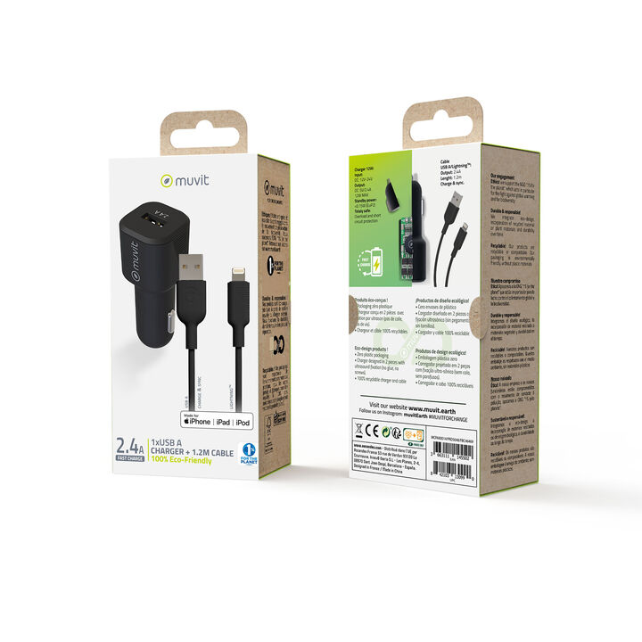 &iexcl;Carga y transfiere datos entre tus dispositivos y contribuye a cuidar el planeta! 

Pack muvit for Change que incluye un cargador de coche de un elegante dise&ntilde;o patentado. Est&aacute; fabricado con material reciclado y pensado en 3 piezas para facilitar su reciclaje al final de su vida &uacute;til. Dispone de 1 puerto USB A de 2.4A 12W de potencia m&aacute;s un cable para carga y transferencia de datos con conector&nbsp;Lightning 2.4A, 1,2m de longitud, en color negro y 100% reciclable. 

En muvit for change nos comprometemos a donar el 1% de los ingresos para el planeta*.