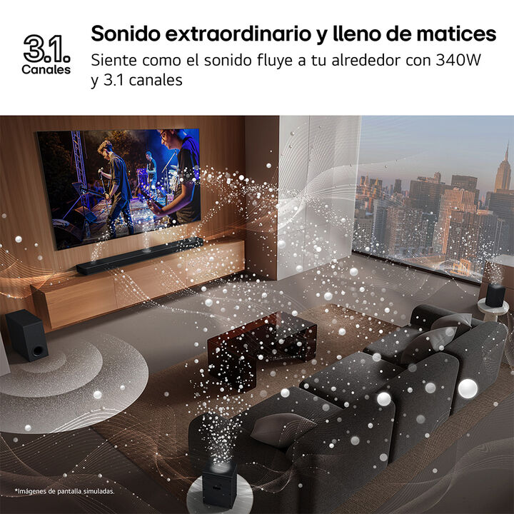 Potencia total 340W, configuraci&oacute;n 3.1 canales, AI Room Calibration, WOW Orchestra, HDMI eARC, Bluetooth 5.0