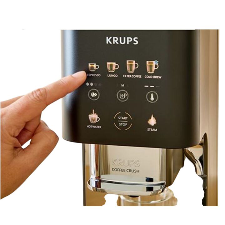 Cafetera autom&aacute;tica Krups Coffee Crush ultra compacta con caf&eacute; reci&eacute;n molido, 15 bares de presi&oacute;n y control t&aacute;ctil para preparar espresso o lungo a tu gusto.