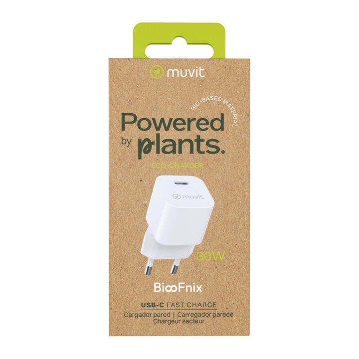 El cargador de pared muvit for change BiooFnix 30W representa una nueva generaci&oacute;n de tecnolog&iacute;a m&aacute;s respetuosa con el planeta. Fabricado a partir de aceite de ricino transformado en bioresina, este cargador nace literalmente de una semilla, como s&iacute;mbolo de innovaci&oacute;n sostenible y compromiso medioambiental.