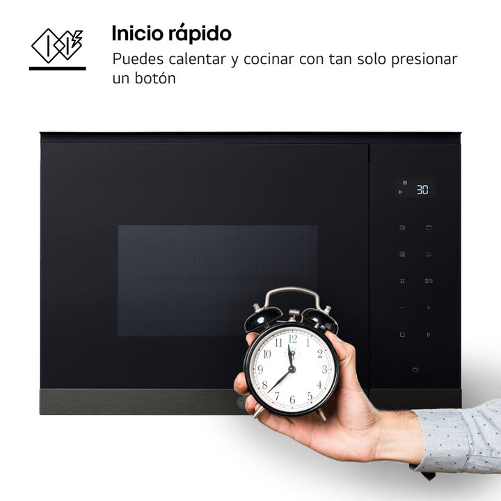 Microondas integrable de 25 litros con grill, 900 W, interior EasyClean, panel t&aacute;ctil y 8 men&uacute;s autom&aacute;ticos. Dise&ntilde;o en cristal negro y acero negro.