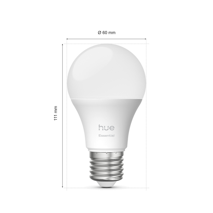 Starter Kit Bombilla E27 Est&aacute;ndar Philips Hue Essential White & Color & Zigbee Bluetooth.

LED integrado.

Bridge incluido.

Dimmer Switch incluido.

Controlable  por Zigbee & Bluetooth.

A&ntilde;ade color ambiental a cualquier habitaci&oacute;n con el kit de inicio E27 de Philips Hue White and color ambiance. Conecta con el Hue Bridge que se incluye para aprovechar la interminable lista de funcionalidades. Contr&oacute;lalo mediante la aplicaci&oacute;n, la voz o los interruptores incluidos. y a un precio much&iacute;simo m&aacute;s econ&oacute;mico