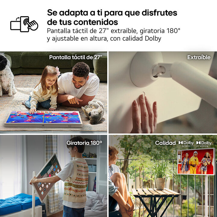Smart TV port&aacute;til de 27" con pantalla t&aacute;ctil QHD, bater&iacute;a de hasta 4 horas y base con ruedas. Permite girar, inclinar y ajustar la altura para adaptarse a cualquier estancia.