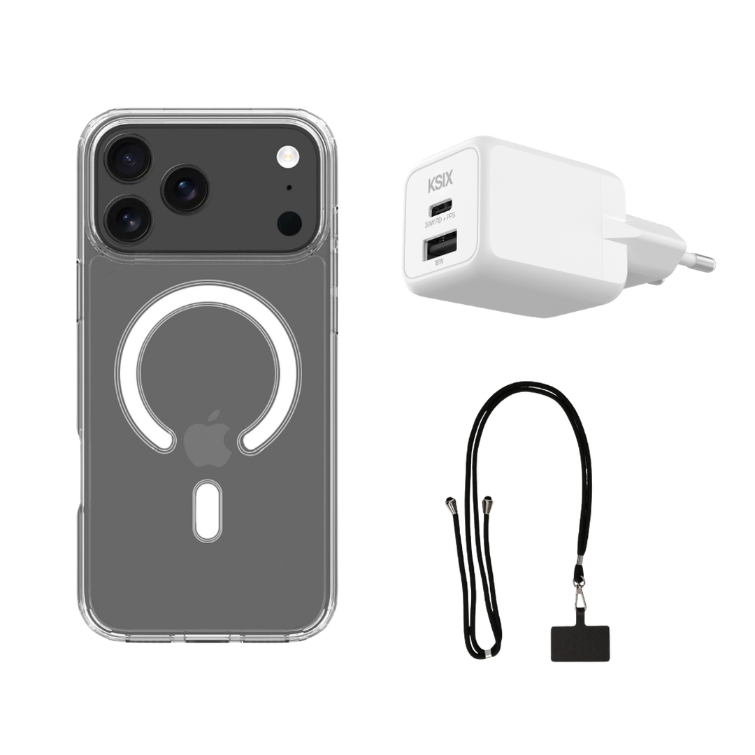 Funda iPhone 17 Pro + cargador 30W + colgante