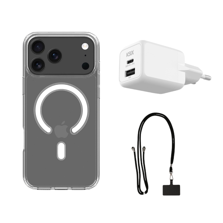 <p>El pack KSIX para iPhone 17 Pro re&uacute;ne tres accesorios esenciales para proteger, cargar y llevar tu smartphone con total comodidad en el d&iacute;a a d&iacute;a. Incluye una funda transparente Flex MagCharge compatible con carga magn&eacute;tica, un cargador GaN de 30W con carga r&aacute;pida y un colgante universal con tarjeta adaptadora. Una soluci&oacute;n pr&aacute;ctica pensada para mantener tu iPhone protegido, siempre con bater&iacute;a y a mano mientras te mueves por la ciudad, viajas o trabajas.</p>