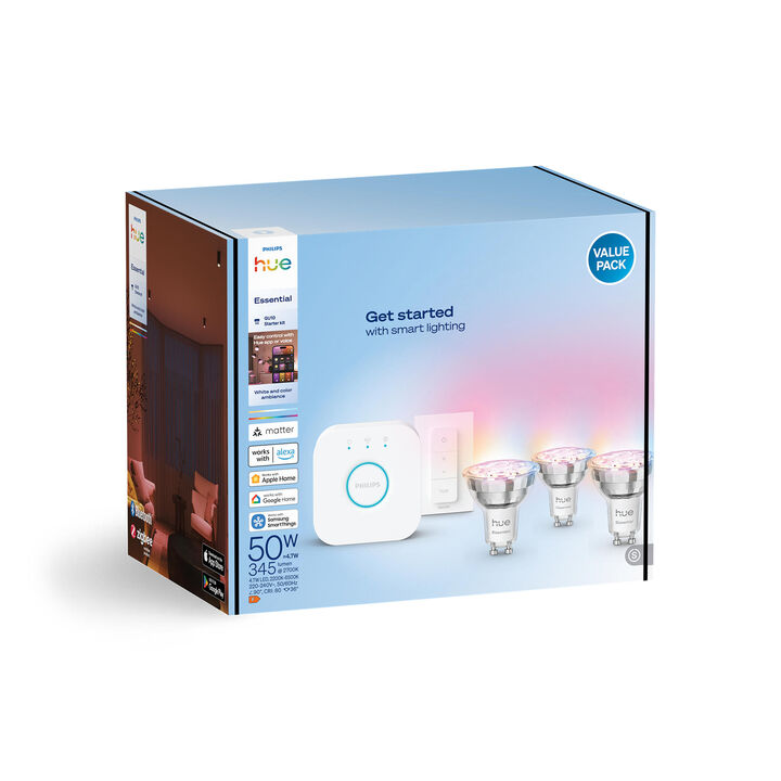 Starter Kit Bombilla Gu10 Philips Hue Essential White & Color & Zigbee Bluetooth.

LED integrado.

Bridge incluido.

Dimmer Switch incluido.

Controlable  por Zigbee & Bluetooth.

A&ntilde;ade color ambiental a cualquier habitaci&oacute;n con el kit de inicio Gu-10 de Philips Hue White and color ambiance. Conecta con el Hue Bridge que se incluye para aprovechar la interminable lista de funcionalidades. Contr&oacute;lalo mediante la aplicaci&oacute;n, la voz o los interruptores incluidos. y a un precio much&iacute;simo m&aacute;s econ&oacute;mico