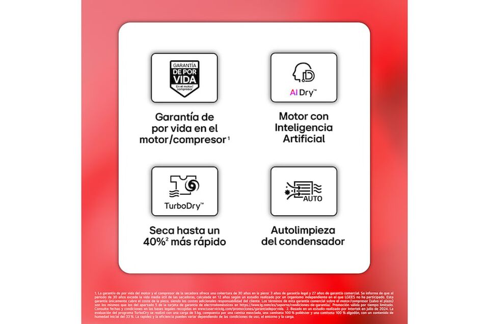 Secadora LG RHX5009TLB con bomba de calor Dual Inverter, AI Dry&trade;, 9 kg de capacidad, eficiencia energ&eacute;tica B y conectividad WiFi ThinQ.