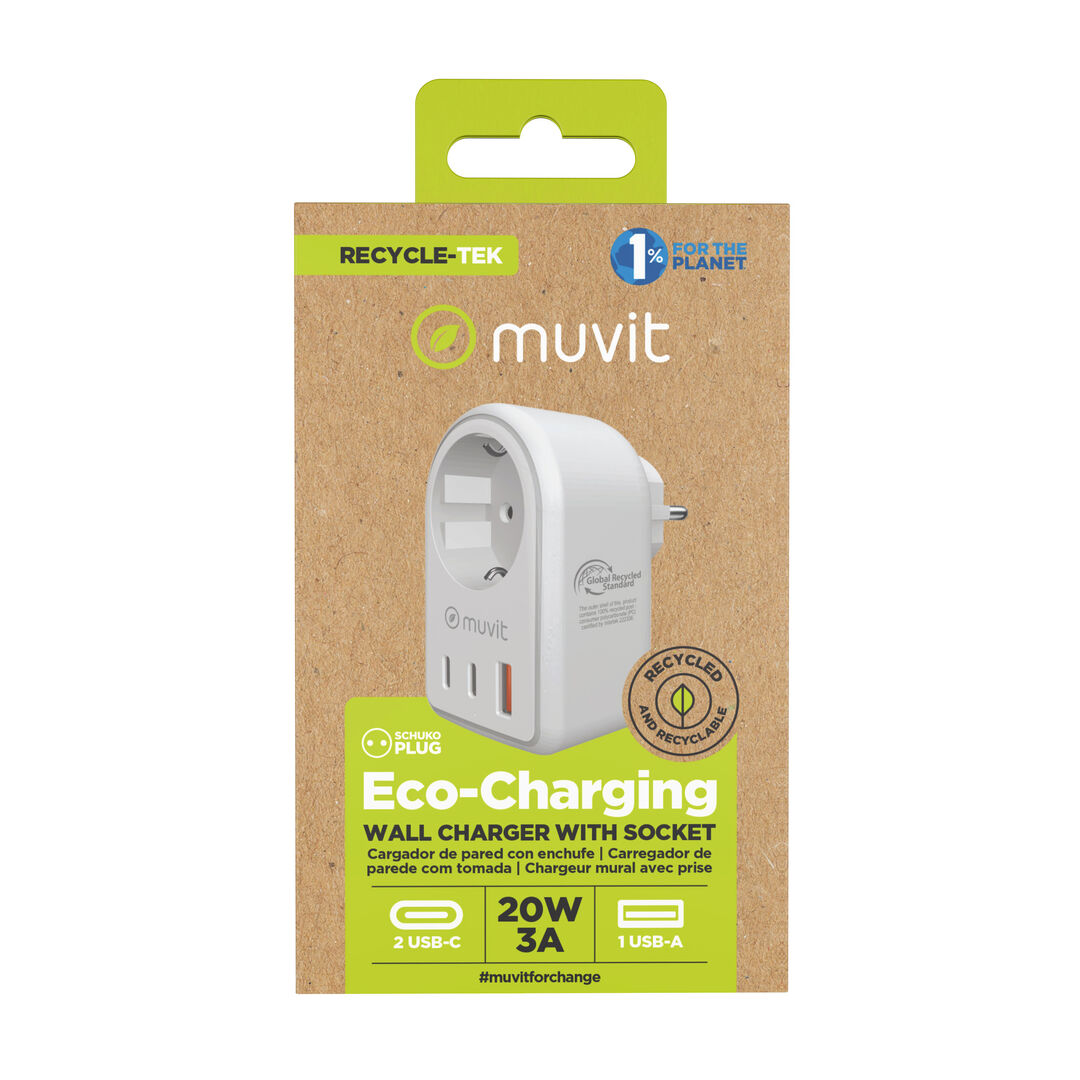 Carga tus dispositivos de forma responsable con el enchufe muvit for change. Fabricado con pl&aacute;stico certificado y con certificaci&oacute;n GRS, este enchufe te permite conectar 3 dispositivos m&aacute;s simult&aacute;neamente (2 USB-C y 1 USB-A) sin perder ninguna toma de corriente. &iexcl;Potencia, comodidad y sostenibilidad en uno!