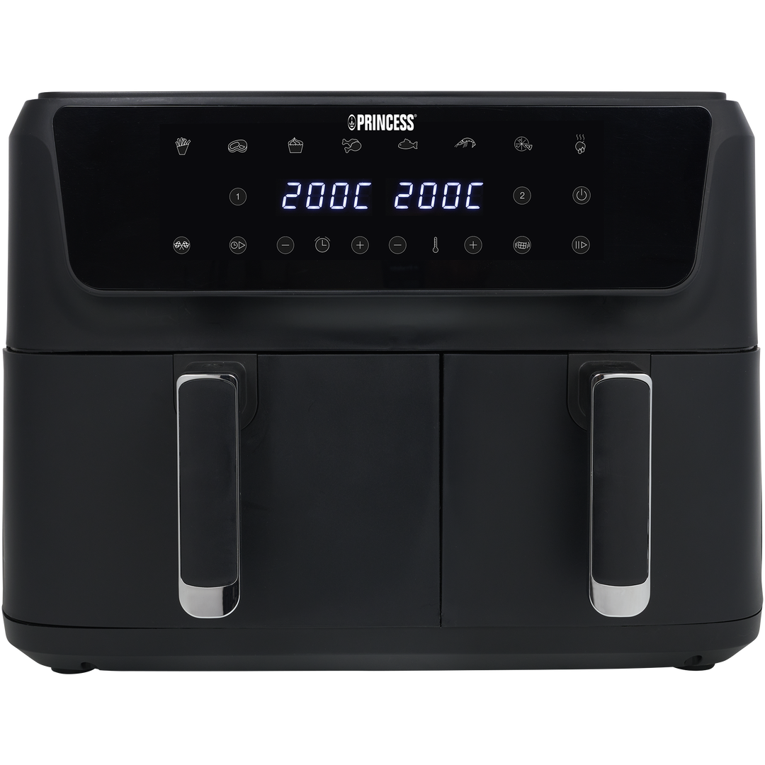 Con esta aerofreidora de doble cesta se pueden preparar dos tipos de comida a la vez. Esta aerofreidora tiene un volumen total de 11 L y una potencia de 2700 W. Utilice la cesta más amplia para platos principales y la menor para comidas más pequeñas.