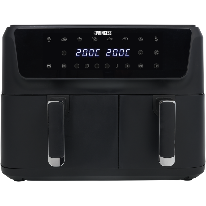 Con esta aerofreidora de doble cesta se pueden preparar dos tipos de comida a la vez. Esta aerofreidora tiene un volumen total de 11 L y una potencia de 2700 W. Utilice la cesta más amplia para platos principales y la menor para comidas más pequeñas.