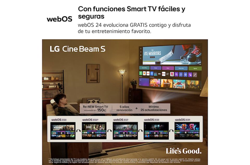 Proyector l&aacute;ser de tiro ultra corto con resoluci&oacute;n 4K UHD, 500 l&uacute;menes, Smart TV webOS 24, Dolby Atmos y conectividad HDMI eARC, USB‑C, Bluetooth y WiFi. Proyecci&oacute;n hasta 100 pulgadas desde solo 8,1 cm.