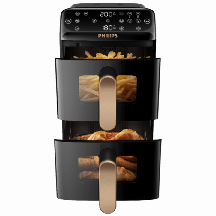 Airfryer Serie 4000 con doble cesta vertical (2&times;5 L, total 10 L), tecnolog&iacute;a Rapid Air, ventana de control, pantalla t&aacute;ctil superior, funci&oacute;n de sincronizaci&oacute;n y app HomeID de recetas. Color negro con mango cobre.