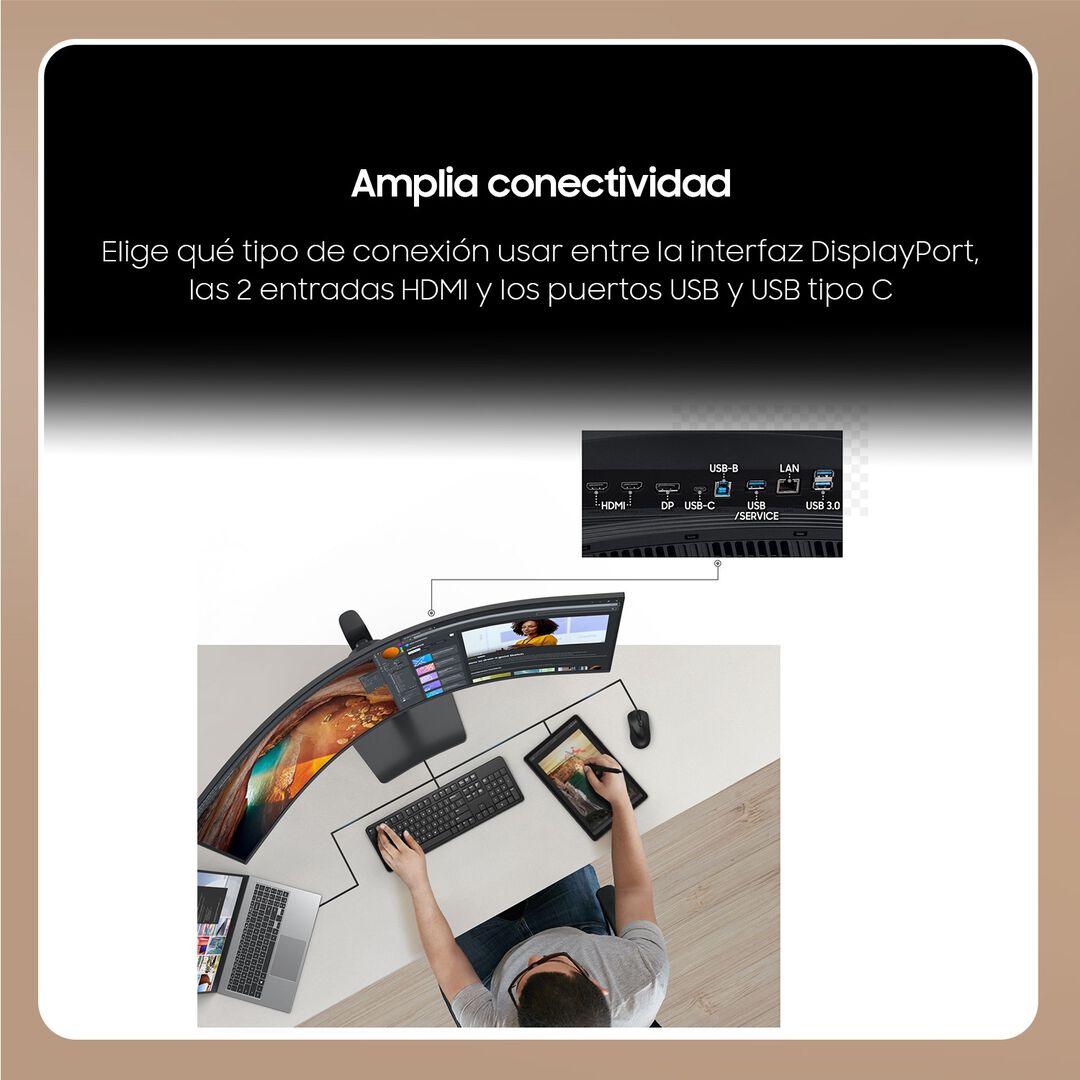 Sumérgete para mejorar tu productividad en todos tus proyectos. La pantalla curva 1000R de 49" te envuelve en una relación de aspecto de 32:9 que se adapta perfectamente a tu campo de visión. Podrás ver y hacer más con una pantalla más amplia en Dual QHD, para una mayor productividad con mayor comodidad.