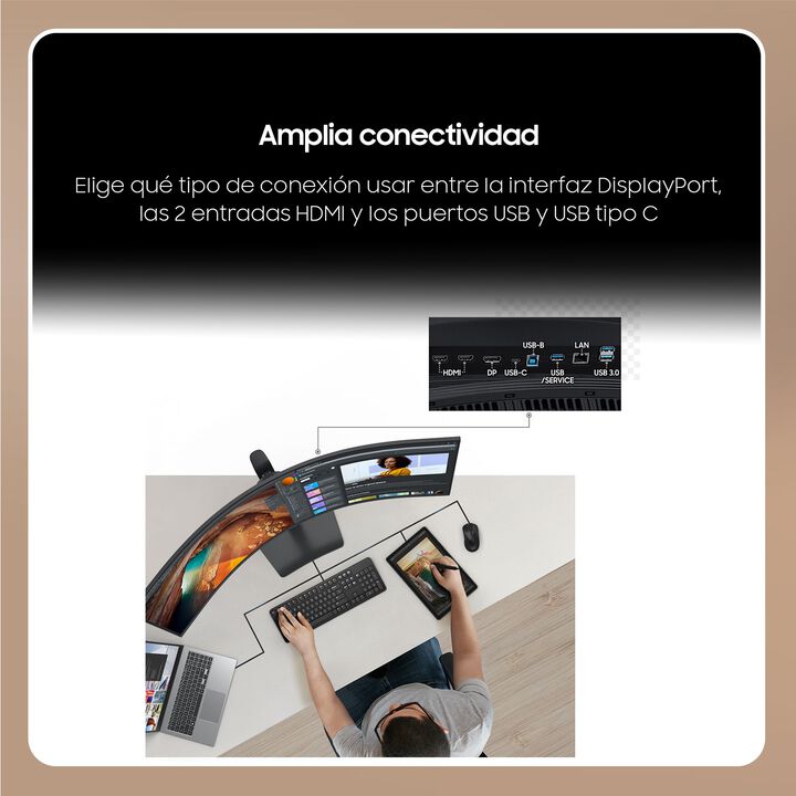 Sumérgete para mejorar tu productividad en todos tus proyectos. La pantalla curva 1000R de 49" te envuelve en una relación de aspecto de 32:9 que se adapta perfectamente a tu campo de visión. Podrás ver y hacer más con una pantalla más amplia en Dual QHD, para una mayor productividad con mayor comodidad.