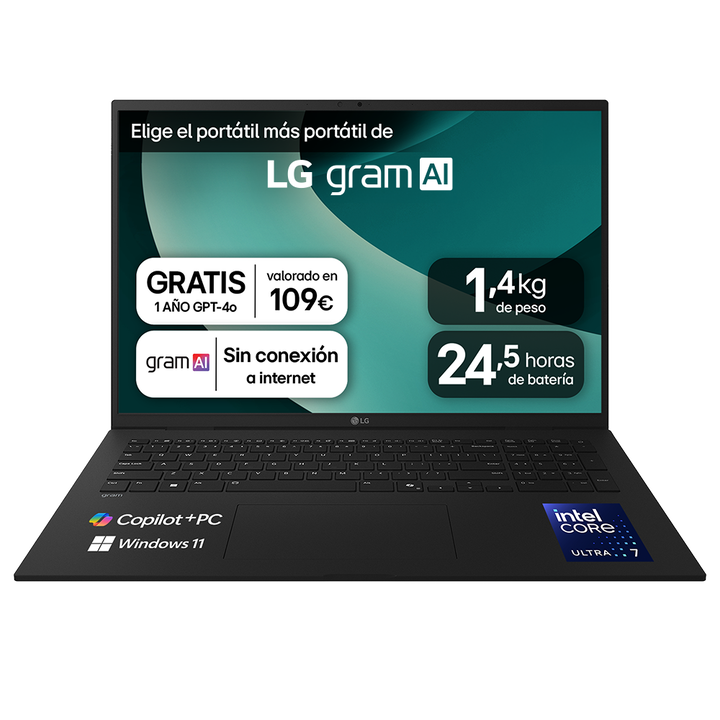 Port&aacute;til 17" LG gram - 17Z90TL, Windows 11, Intel&reg; Core&trade; Lunar Lake, 32 GB RAM, 1 TB SSD, Panel IPS WQXGA (2560x1600), Ligero 1,4kg, 24,5 horas de bater&iacute;a, Negro
